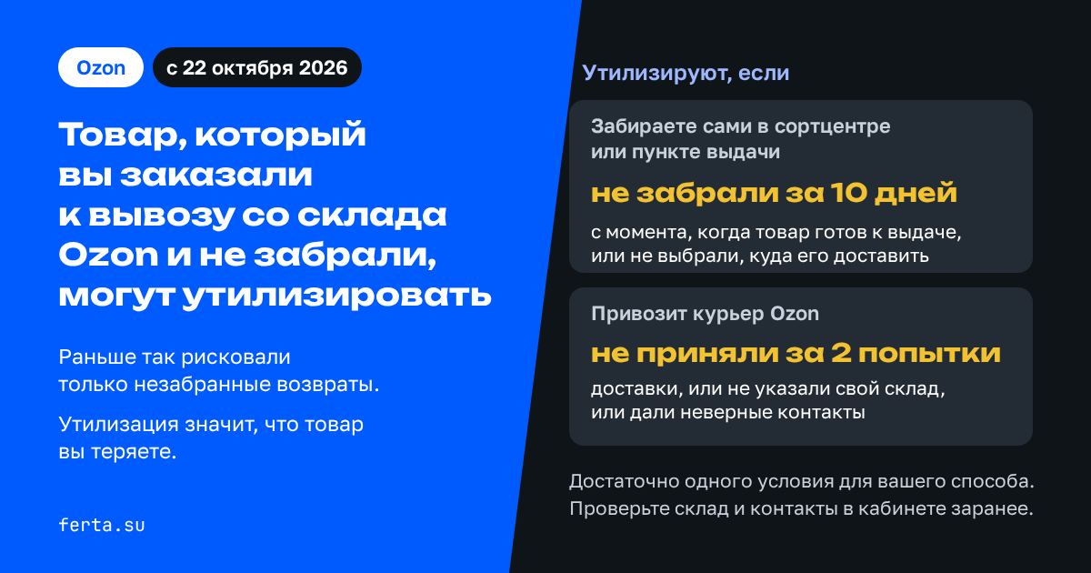 Ozon с 22 октября может утилизировать товар, который вы заказали вывезти со склада, но не забрали